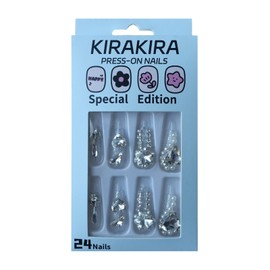 KIRAKIRA White Smoke Long Coffin False Nails with Large Heart Diamond Glitter Rhinestone Press Nail Art for Women Girls 24 Pieces