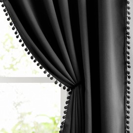 Pompom Blackout Curtains Bedroom Black 84 inch Length Windows Drapes Triple Weave Thermal Insulated Curtain Panels for Nursery Room Studio Hotel 52" w x2 Panels Rod Pocket