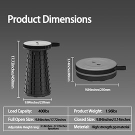HOGXUAE Portable Telescoping Stool, Retractable Folding Stool for Camping Garden Fishing Hiking Travel BBQ, Adjustable Collapsible Stools (Black)