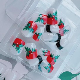 Christmas Glitter Cute Cherry Design Nails - Dark Green Press Ons, Shiny French, Short Square, Gel Glue on, DIY Xmas Nail Decoration