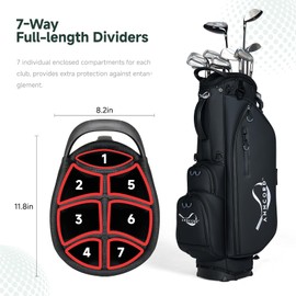 Anncord Golf Stand Bag with 7 Way Full Length Dividers, Premium Leather Golf Bag for Men Women, Luxury Waterproof Golf Bags with Stand, 6 Pockets & Cooler Pouch, Dual Straps, Rain Hood (Black)