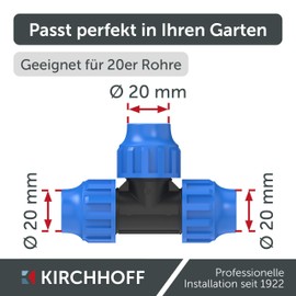 Kirchhoff T-piece, plastic, 20 x 20 x 20 mm, for HDPE pipe, 3 x 5 x fittings, various sizes, DVGW tested, drinking water quality, made in the EU, black, 20 mm, 984844117