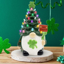 St Patricks Day Ceramic Gnome Tree, Light up St Patricks Day Decorations for the Home Gnome St Patricks Day Table Decor with Pastel Colored LED Light, Holiday Decor Figurines Collectione- 8.6''h Large