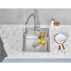 POPFLY 18 Inch Drop In Kitchen Sink, 304 Stainless Steel Top mount Handmade Single Bowl Kitchen Sink 9 Inches Deep Bar Prep Sink, Brushed Nickel（18×18×9）