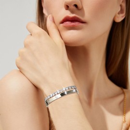 Silver Women Bangle Tennis Bracelet - Stainless Steel Silver Plated Girls Love Bangle, Dainty 4mm Cubic Zirconia Classic Tennis Bracelets, 17/19cm Jewelry Set Gift for Mother Best Friends(19CM)