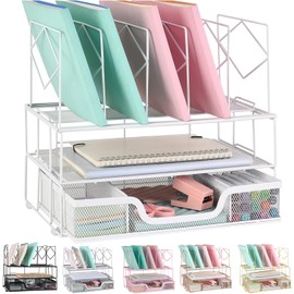 gianotter Desk Organizers and Accessories, Office Supplies Organizer with Sliding Drawer, Double Tray 5 Upright Section ​File Sorter (White)