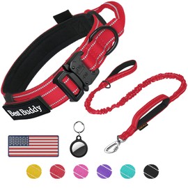 AUBELL Tactical Dog Collar and Leash Set, Adjustable Military Nylon Reflective Dog Leash and Collar with Handle and Heavy Metal Buckle for Medium Large Dogs, with Airtag Holder and 2 Patches (Red, M)
