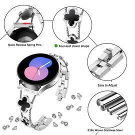 Issinlky Lucky Four Leaf Clover Band for Galaxy Watch 7/FE/6/5/4 40mm 44mm, 20MM Bling Rhinestone Metal Strap Girl for Galaxy Watch 6 Classic/4 Classic/Watch 5 Pro/Watch 3 41mm/Active 2/Active 40MM
