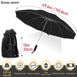 Damp away Windproof Travel Umbrella for Rain, Large Portable Reverse Folding Car Umbrella, Inverted Design, Compact Auto Open Close with Durable Waterproof Canopy, Fits Backpack/Women Men, 45.6 Inch
