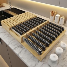 MIAO YUAN Bamboo In-Drawer Knife Block, 17 Slot Large Capacity Knives Organizer, Upper and Lower Kitchen Steak Knife Storage Rack - Holds 8 Short + 9 Long Knives