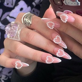 KQueenest Valentine White French Tip Press On Nails Medium Almond Fake Nails Press on With Pearl Heart Design Full Cover Natural Valentine Pink Glue On Nails Cute Stick On Nails For Women 24 Pcs