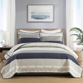 DDUOXIN King Quilt Set - 100% Cotton Lightweight King Quilt with 2 Pillow Shams, Stripe King Bedspread 3 Piece Bedding Set for All Seasons, Navy/Gray, King(106" W x 98" L)