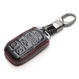 Vitodeco Genuine Leather Smart Key Fob Case Cover Protector Compatible with RAM 1500, RAM 2500, RAM 3500 2019 - 2025 (6-Button, Black/Red)