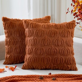 Fall Pillow Covers 18x18 Set of 2 Fall Decorations Rust Thanksgiving Autumn Harvest Pumpkin Decorative Throw Pillow Cases Soft Plush Faux Fur Cushion Covers for Sofa Couch Bed Chair Living Room Decor