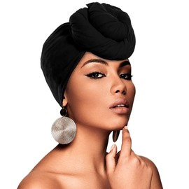 Beauty Town Head Wrap Scarf Neckerchief Crinkle Stretch Large Headband Turban Hair Tie (Black)