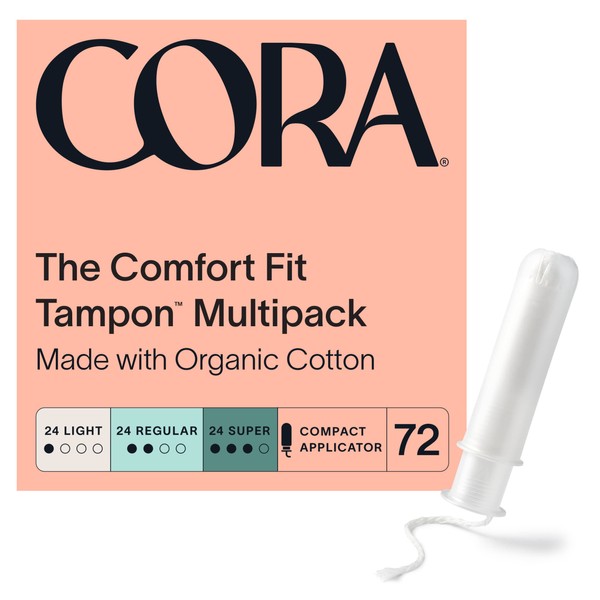 Cora Organic Applicator Tampons | Light/Regular/Super Absorbency | 100% Cotton Core, Unscented, BPA-Free Compact Applicator | Leak Protection, Easy Insertion, Non-Toxic (24L/24R/24S)