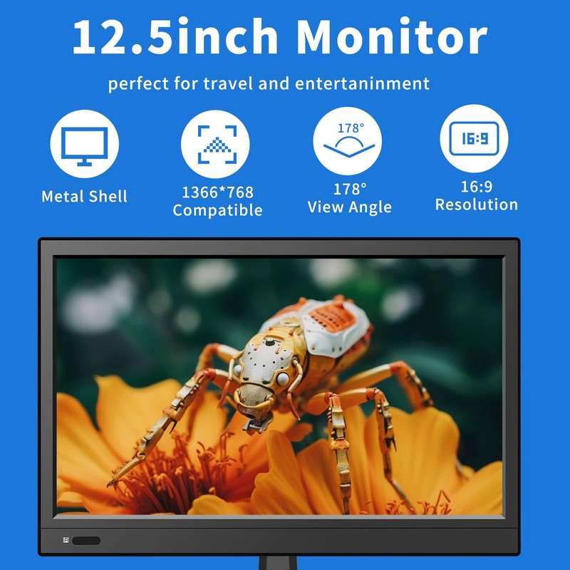 Jexiop 12.5 inch Security Monitor,Small Monitor with Speaker,Remote Control/HDMI/VGA/BNC/RCA Interfaces