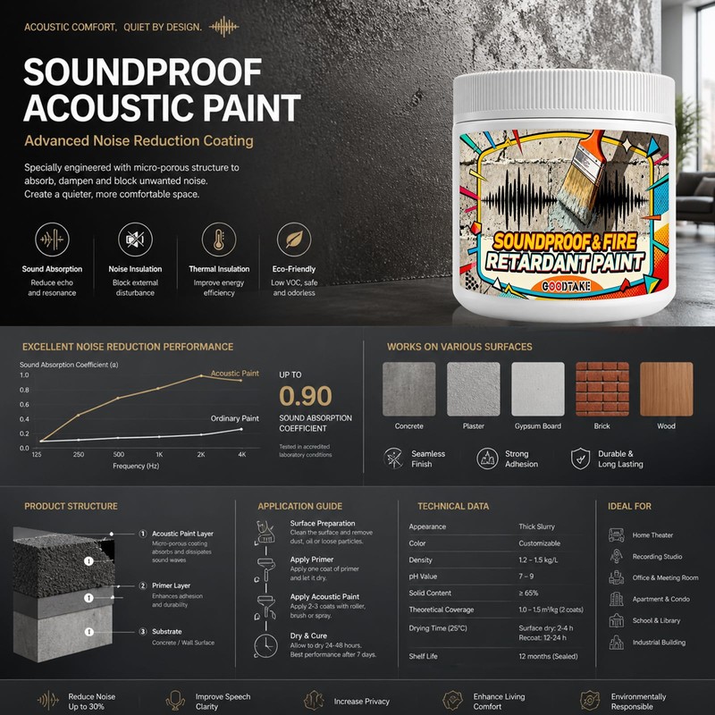 GOODTAKE Multi-Purpose Soundproofing & Fire Retardant Paint – Sound Dampening