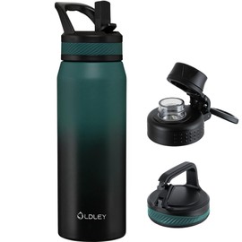 OLDLEY 24 oz Insulated Water Bottle With Straw, Stainless Steel Sports Water Cup Flask with 3 Lids(Straw, Spout and Handle Lid) Double Walled Travel Thermal Canteen Mug,No Silicone Base,Midnight Black