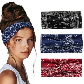 3 Pack Paisley Headbands for Women - Short Hair Bandana Headbands, Non Slip Elastic Sweat Hairbands, Soft Fabric Hair Wraps for Girls - Suitable for Workout, Yoga, Running & Sport