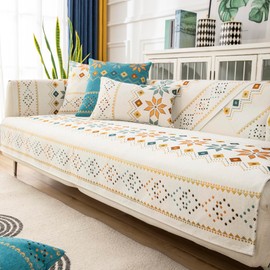 Rosygulls Boho Chenille Couch Covers,Geometric Couch Covers for Sofa,Chenille Couch Cover Non Slip,Sectional l Shaped Sofa Furniture Protector Cover for Home Decor,Off-White_1 Seat 35x35in/90x90cm