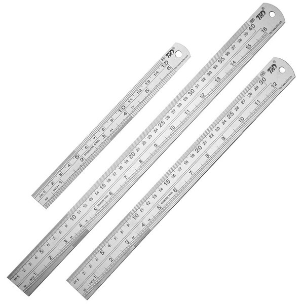 3 Pcs Stainless Steel Ruler, Metal Ruler Set(15cm/30cm/40cm Ruler) with Hanging Hole & Straight Edge, Precision Metal Rulers with Metric & Imperial Precision for Measuring/Engineering/Drawing/Teaching