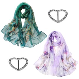 DUINIU 2 Women's Chiffon Scarves with 2 Silk Scarf Buckles, Winter Warm Scarf, Breathable Shawl, Lightweight Floral Imitation Silk Scarf, Silk Turban Scarf Shawl, Suitable for Daily Wear, Travel