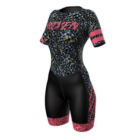 Wixen PRO Race Suit Women Triathlon Suit Sleeve Trisuit Aerodynamic Bike Run swim Suit Back Pocket, Leopard, Small