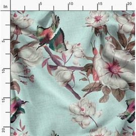 Soimoi Green Cotton Canvas Fabric Floral & Bird Print Fabric by the metre 58 Inch Wide