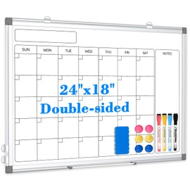 Monthly Calendar Dry Erase Whiteboard for Wall, 24" x 18" Magnetic Calendar White Board, Double-Sided Portable Board for Office, Kitchen, School, Home