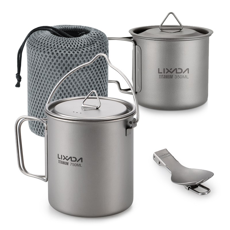 Lixada Lightweight Titanium 3 Pieces Set Titanium 750ml Pot 350ml