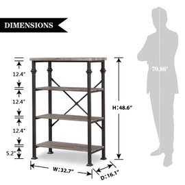 Hombazaar 4-Tier Industrial Bookcases, Vintage Open Etagere Bookshelf, Multi-Functional Shelf Units for Collection, Grey Oak