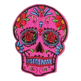 Unbranded Sugar Skull Day Of The Dead Dia De Los Muertos Iron On Patch Embroidered 4" Inch - Pink