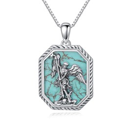 Natural Turquoise Archangel Saint Michael Necklace for Women Men 925 Sterling Silver Saint Michael Pendant Genuine Turquoise Saint Archangel Miracle Medal Necklace Religious Jewelry Gifts