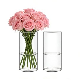 Jarrón de flores acrílico cilíndrico, 2 paquetes, jarrón de plástico transparente claro de 20 cm de alto para centros de mesa - Jarrón para bodas, eventos y decoración del hogar irrompible, redondo de