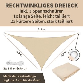 TTL Garden 2.5 x 2.5 x 3.5 m Triangular Sun Sail Right Angle Sand Beige - Premium Polyester 300D 160 g/m² 93% Shade - Sun Protection & Weather Protection for Garden, Balcony and Patio, with 3 x 1.5 m