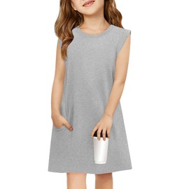 Haloumoning Girls Sleeveless Summer Dress Kids Casual Crewneck Loose Beach Short Dresses with Pockets 5-14 Years Grey
