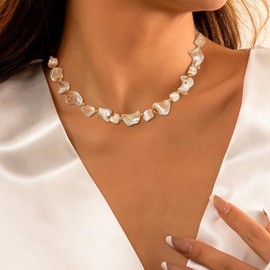 EVER FAITH Shell Necklace for Women Boho Handmade Irregular Natural Freshwater Shell Beads Choker Necklace Shell Chain Summer Beach Jewellery, Shell