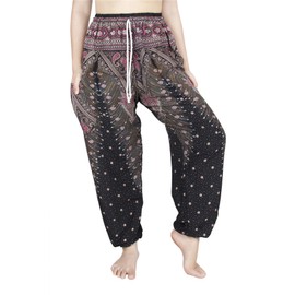 LOFBAZ Harem Pants for Women Yoga Boho Hippie Clothing Palazzo Bohemian Beach Maternity Pajama Indian Travel Gypsy Clothes Peacock 1 Black & Red S