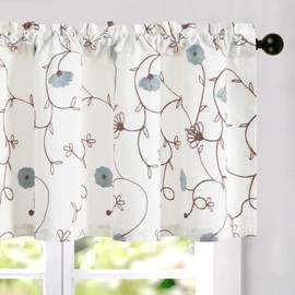 VOGOL Linen Textured Valance for Kitchen Window, Blue Flower Pattern Rod Pocket Drapes for Living Room, Country Style Light Reducing Curtain Panels, 1 Piece, W 42 x L 18 Inches