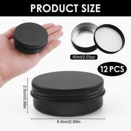 12Pcs Small Tin Containers 60ml Aluminum Tins, Leak-Proof Screw Top Aluminum Jars, Travel Portable Mini Cosmetic Sample Pots for Lip Balm, Creams, Salves (Black)