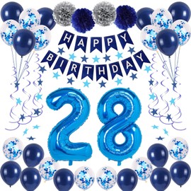 NANINUNENO 28th Birthday Party Decorations In Blue Men And Women, Supplies Happy Balloons With Banner, Numbers, Star Streams, Swirls Hanging