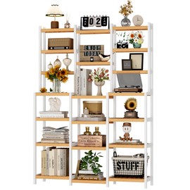 FOTOSOK Bamboo Shelf, 7 Tier Plant Stand Indoor, 3 Row Ladder Shelf, Bookshelf and Bookcase, Corner Display Stand with Adjustable, Flower Stand for Living Room Balcony Kitchen, White and Natural