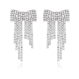 EVER FAITH Bow Tassel Earrings Crystal for Women Girls Rhinestone Bnowknot Fringe Stud Earrings for Party Prom Jewellery Gifts Clear Silver Tone, Crystal