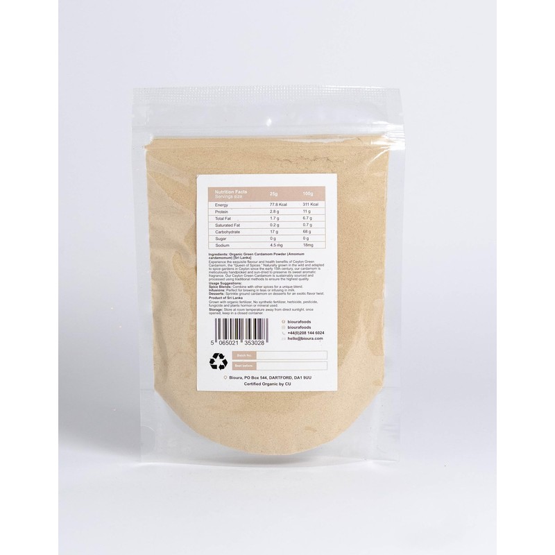 Bioura Organic Ceylon Green Cardamom powder 100g, Handpicked, Sun-Dried, Rich