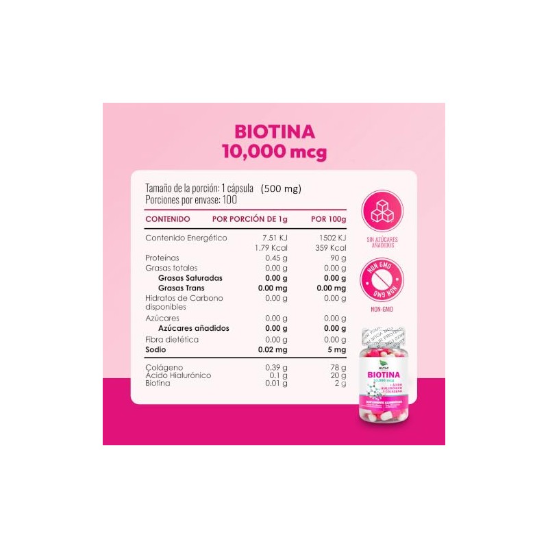 NATSA Biotina con Colágeno y Ácido Hialurónico 100 Cápsulas