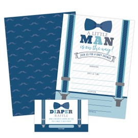 Your Main Event Prints Little Man Baby Shower Invitations, Boy Baby Shower Invites with Diaper Raffles Cards, Bow Tie and Mustaches, Sprinkle, 20 Invites Including Envelopes