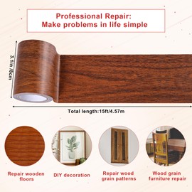 3.1inx15ft Wood Grain Repair Tape, Self-Adhesive Realistic Wood Duct Tape Roll Multipurpose Patch for Tables Doors Baseboard Windows Floors Chairs Furniture Renovation Handicraft Diy (Dark Brown)