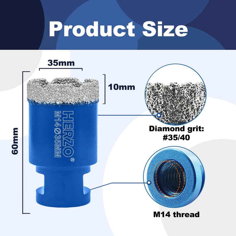 HERZO Diamond Tile Drill Bit 35 mm, M14 Thread Dry