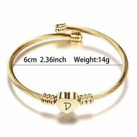 KENYG Elegant Gold Love Heart 26 Initial Letter Alphabet A-Z Cuff Bracelet Open Bangle Adjustable Jewellery Gift For Mum Daughter Sisters Friends Lover Birthday Christmas (D)